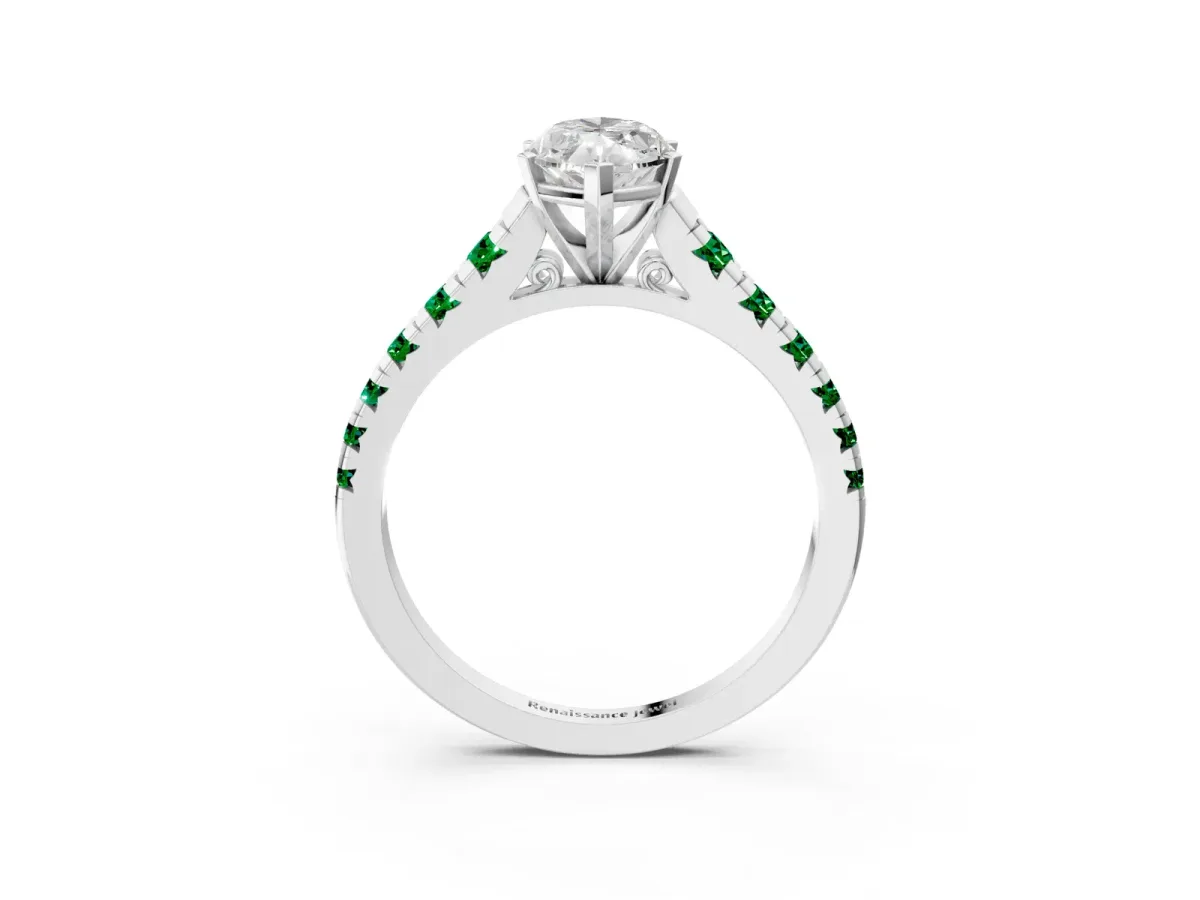 Marquise Cut Diamond Cathedral Solitaire Ring with Round Emerald Pavé Band Silver