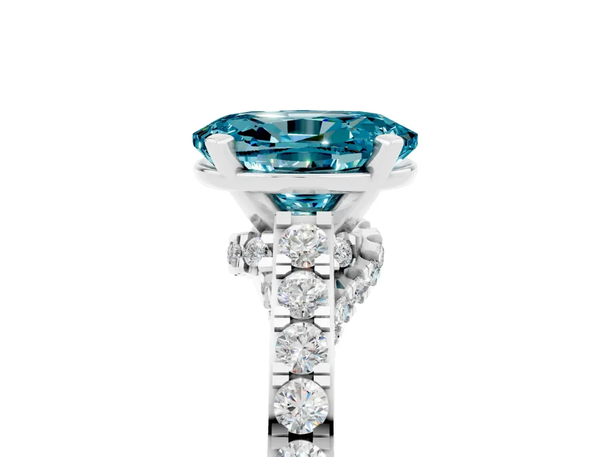 Oval Cut Blue Topaz Solitaire Ring with Crossover Gallery and Round Pavé Band Silver