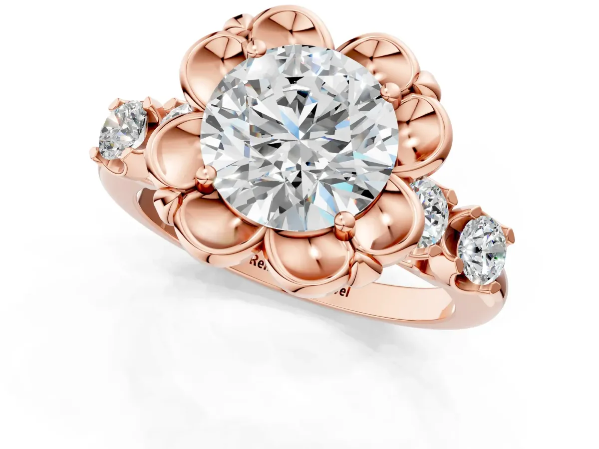 Round Cut Cut Diamond Floral Halo Engagement Ring with Shared Prong Setting Rose gold