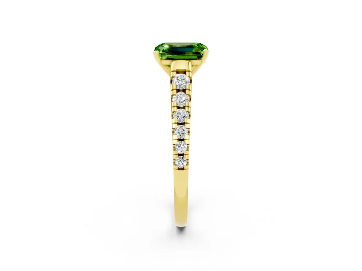 Emerald Cut Peridot Cathedral Solitaire Ring with Round Pavé Band Yellow gold