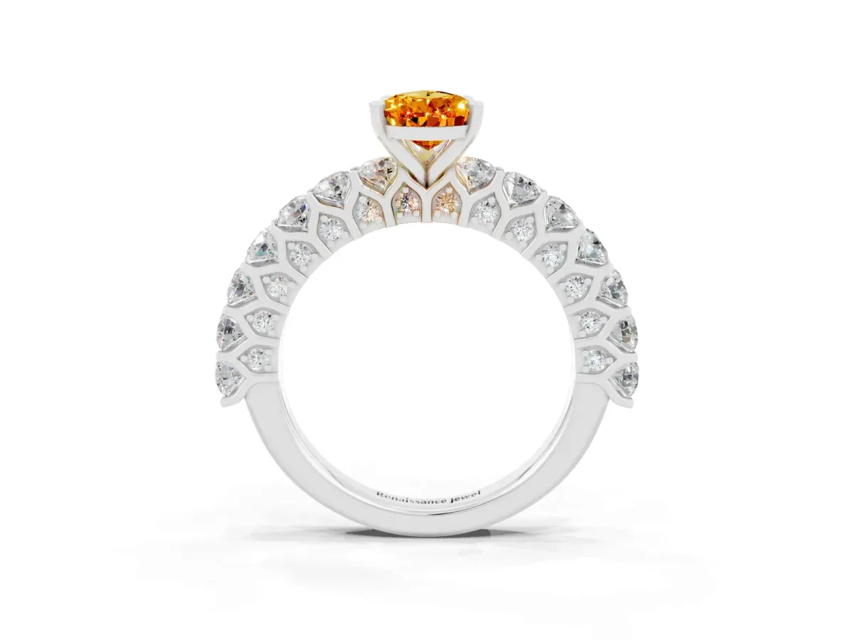 Pear Cut Citrine Solitaire Ring with Shared Prong Pavé Band and Four-Prong Setting Silver