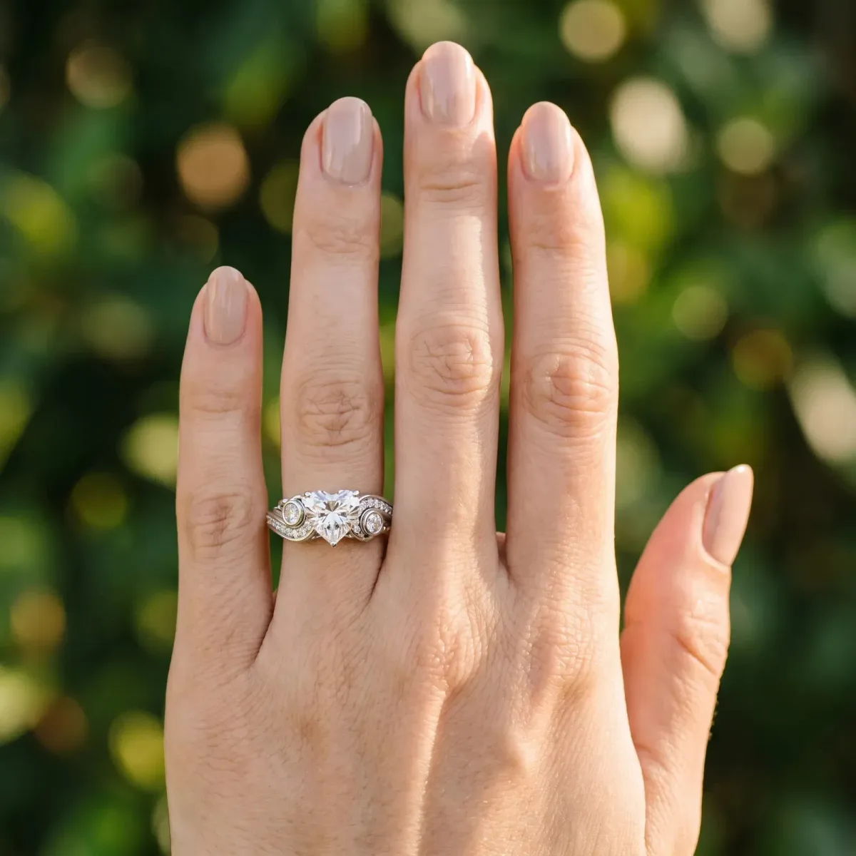 Heart Cut Diamond Solitaire Ring with Milgrain Pavé Band and Four-Prong Setting Silver