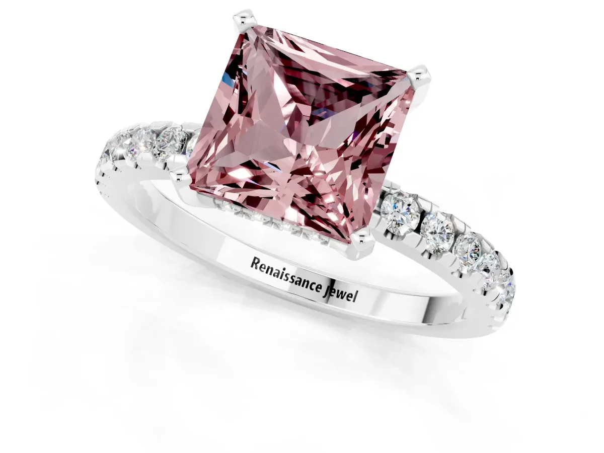 Princess Cut Morganite Solitaire Ring with Round Pavé Band and Four-Prong Setting Silver