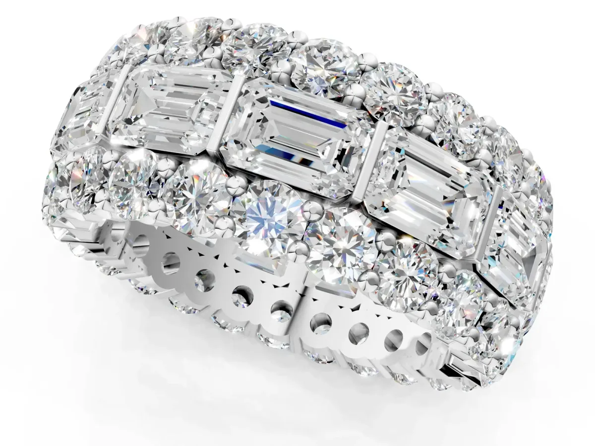 Emerald Cut and Round Diamond Three-Row Eternity Mens Band Platinum