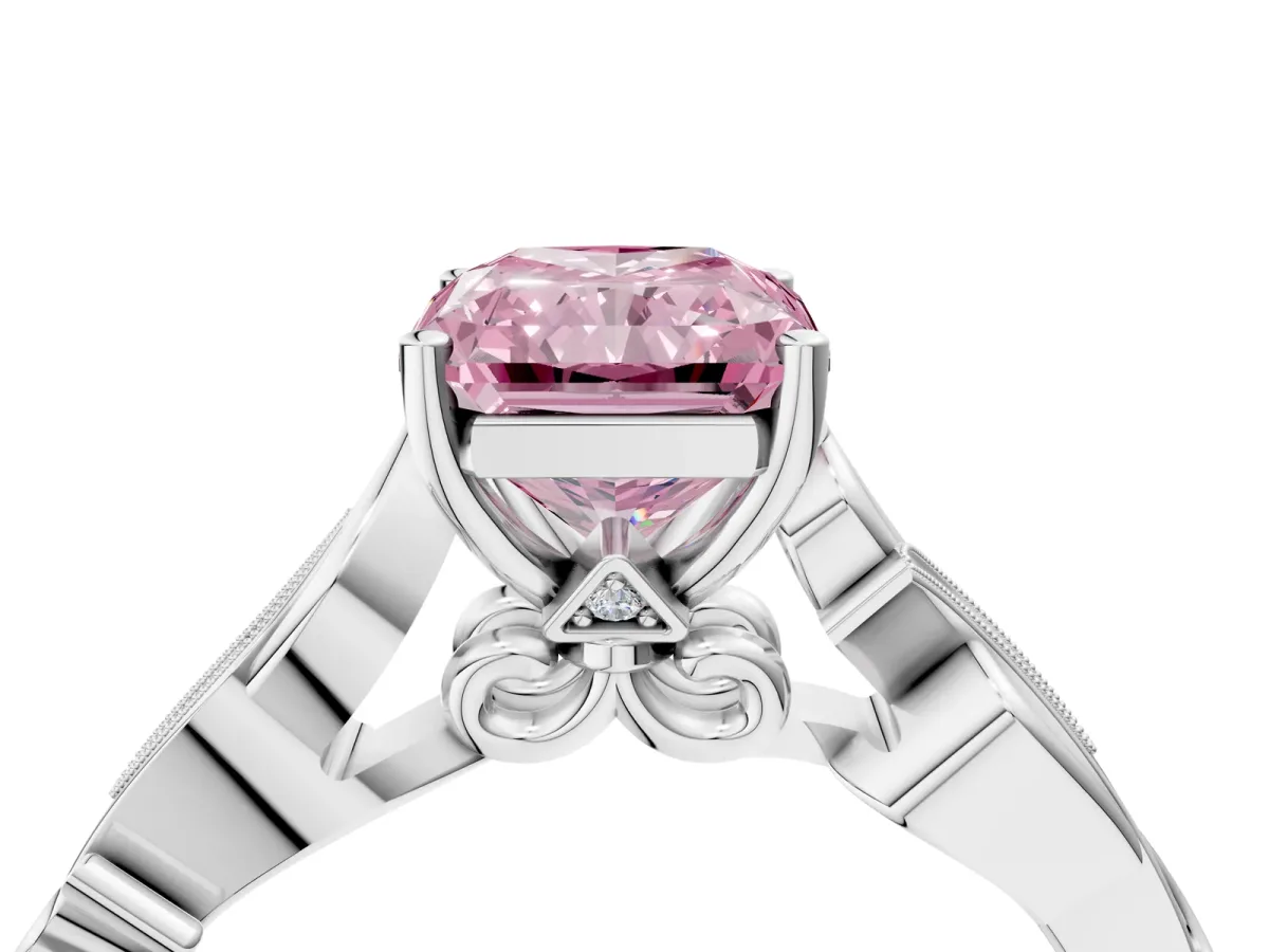Fancy Pink Radiant Cut Solitaire Vine Band with Milgrain Prong Setting Platinum