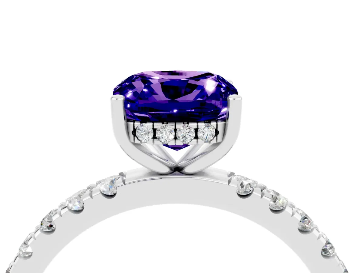 Cushion Cut Tanzanite Pave Band Solitaire Ring with Round and Prong Setting Silver