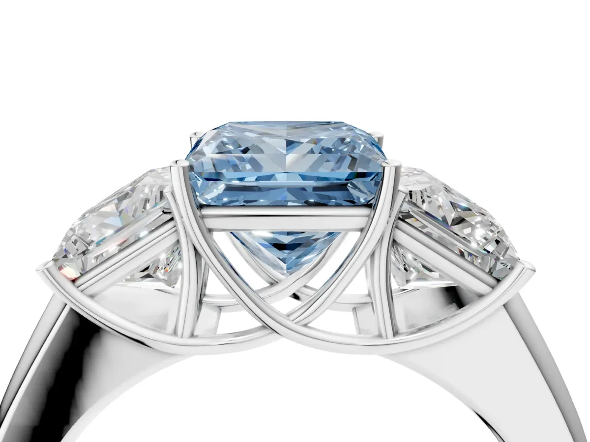 Fancy Blue Three-Stone Princess Cut Cut Diamond Ring with Prong Setting and Classic Band White gold