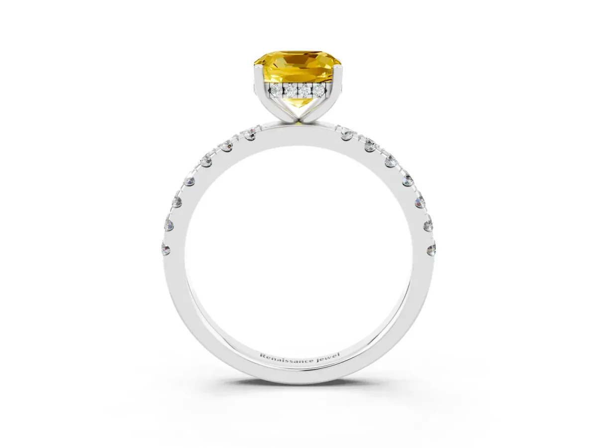 Cushion Cut Yellow Sapphire Pave Band Solitaire Ring with Round and Prong Setting Silver