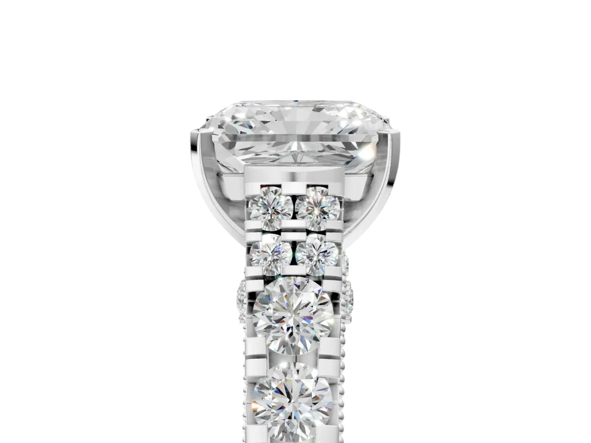 Radiant Cut Diamond Classic Solitaire Ring with Pavé Band and Four-Prong Setting Silver