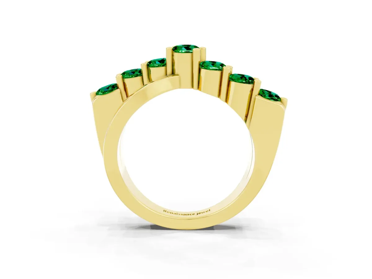 Round Emerald Prong-Set Crossover Band Yellow gold