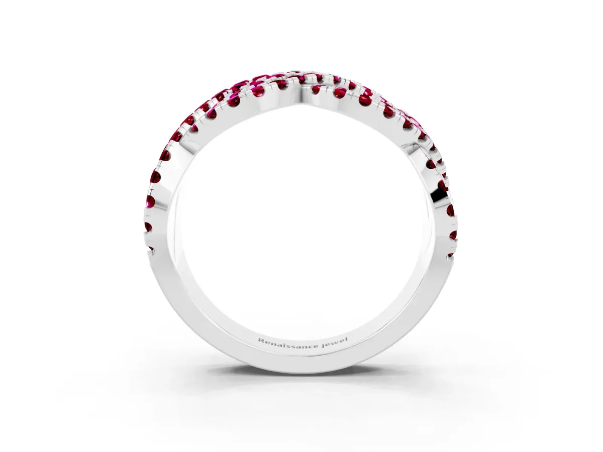 Pavé Round Garnet Infinity Twist Band with Shared Prong Setting White gold