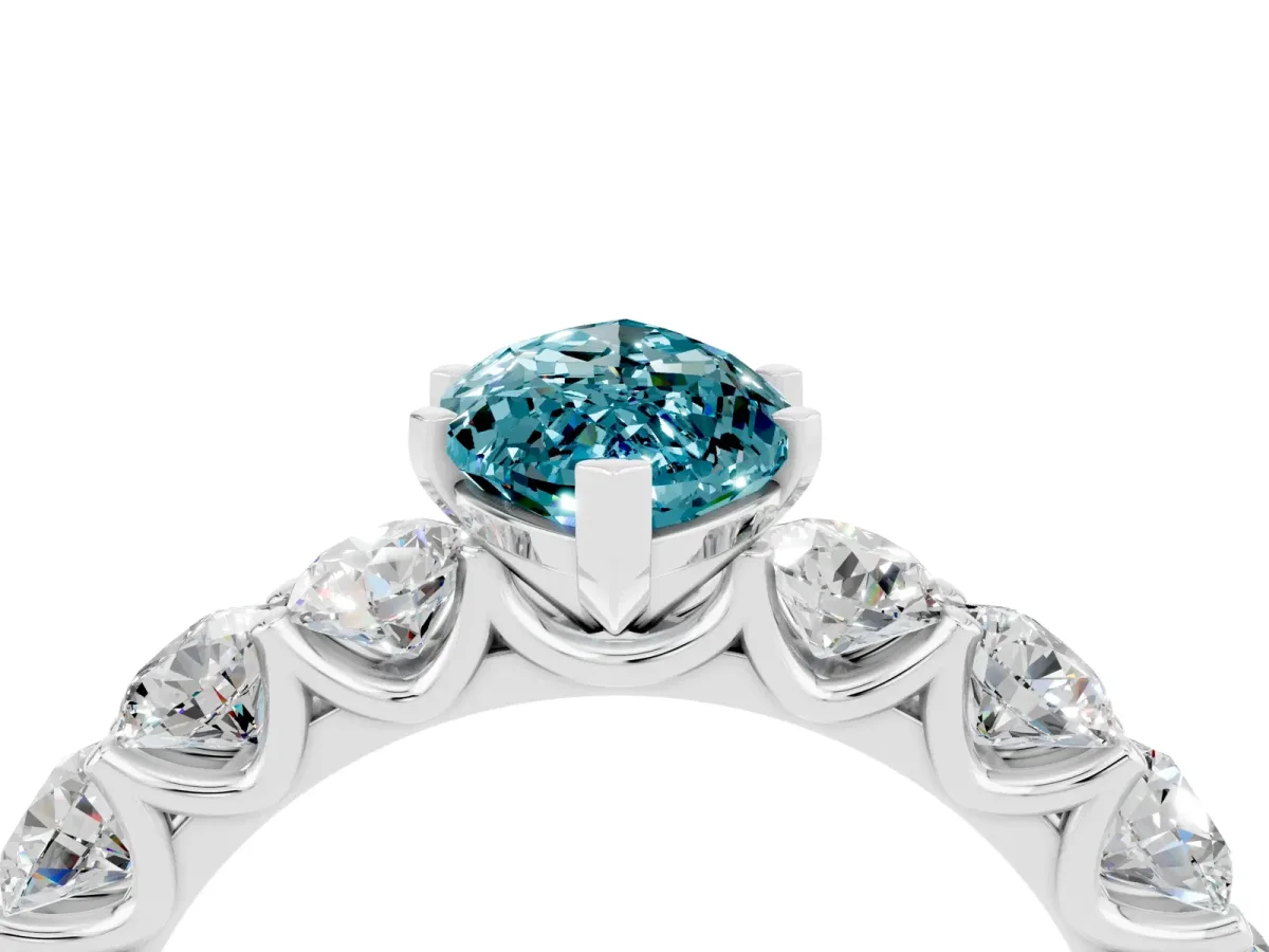 Marquise Cut Blue Topaz Prong Setting with Side Stones on a Pave Band Silver