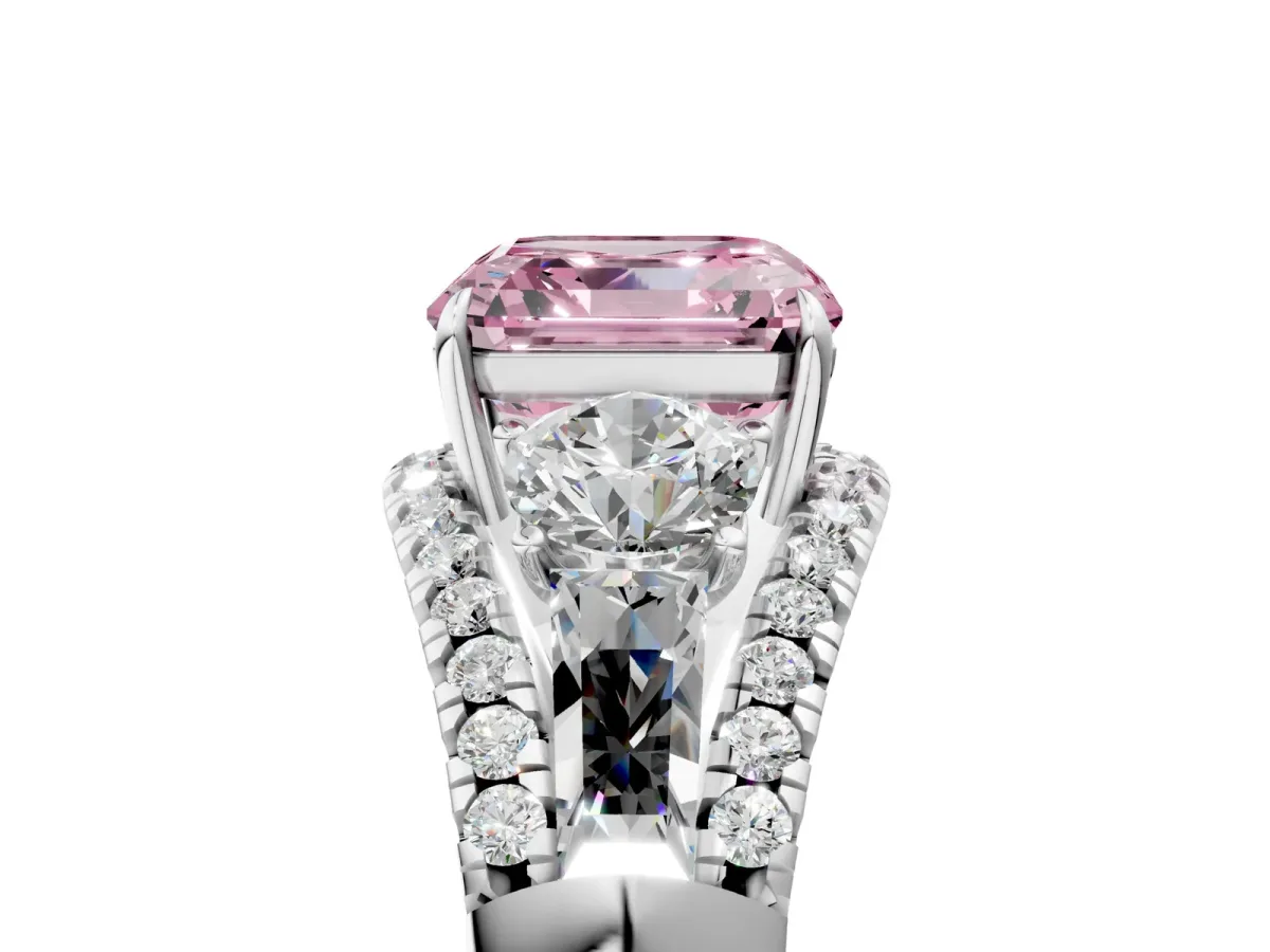 Fancy Pink Three-Stone Asscher Cut Diamond Engagement Ring with Pave Band and Prong Setting Platinum