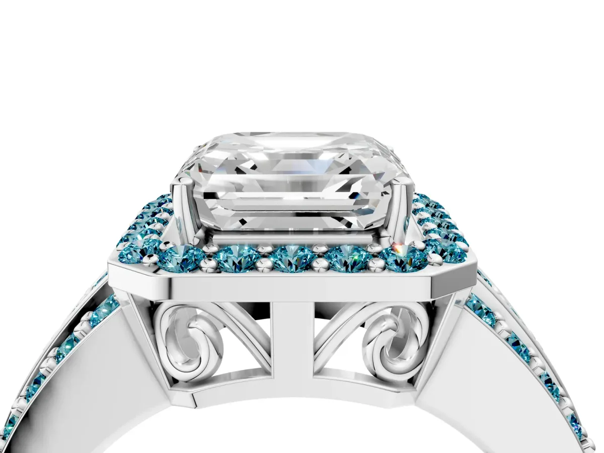 Asscher Cut Halo Diamond Ring with Round Blue Topaz Split Shank and Prong Setting Silver