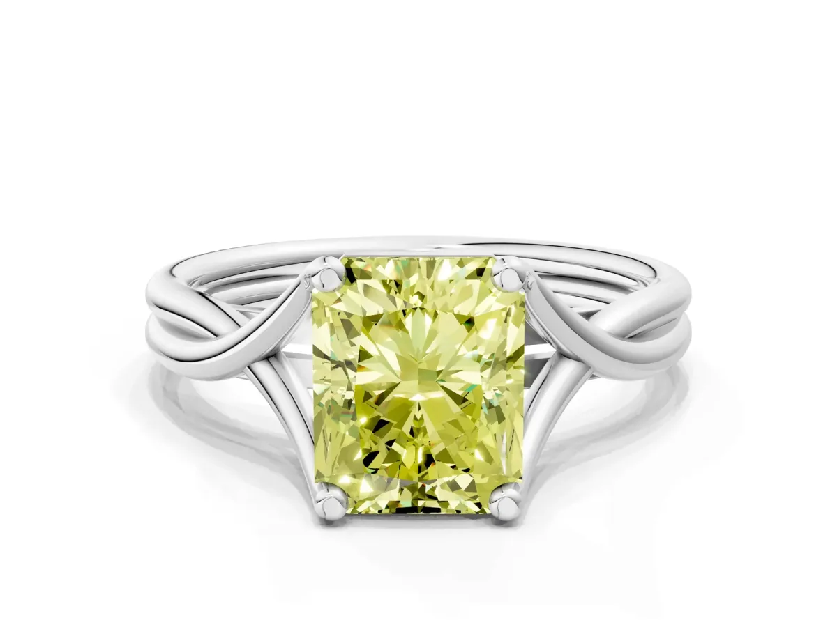 Fancy Yellow Radiant Cut Diamond Solitaire Twist Band Prong Setting Ring Platinum