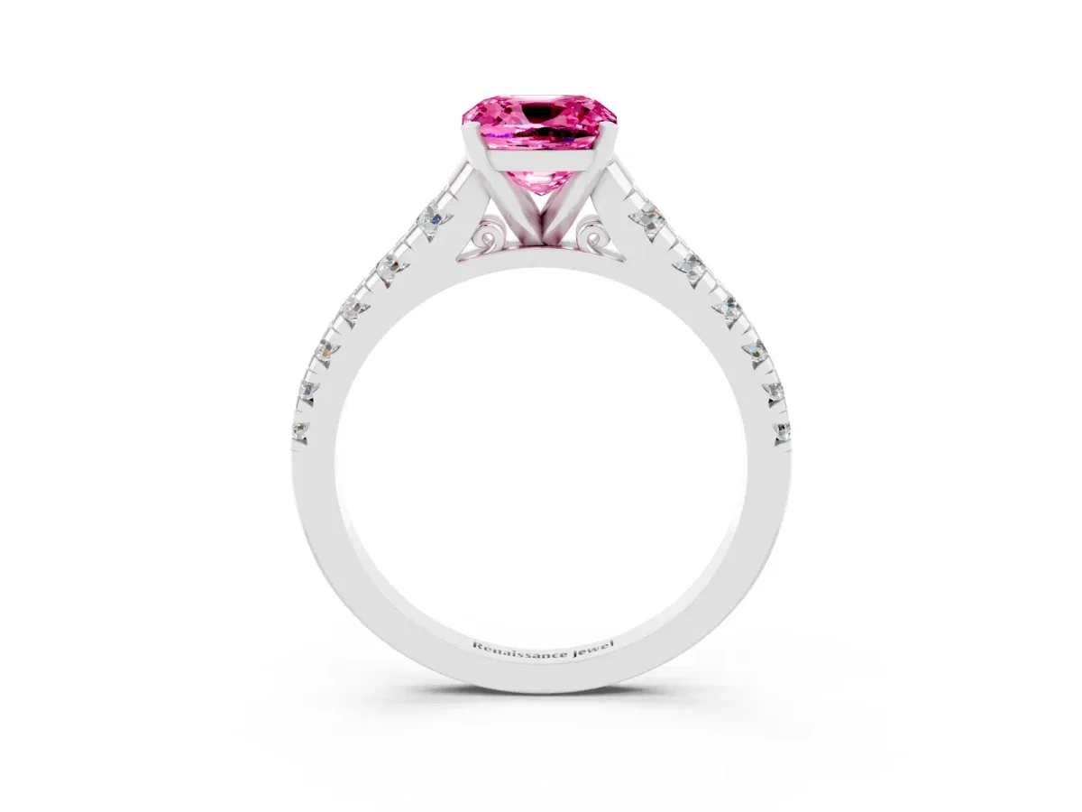 Cushion Cut Pink Sapphire Cathedral Solitaire Ring with Round Pavé Band Silver