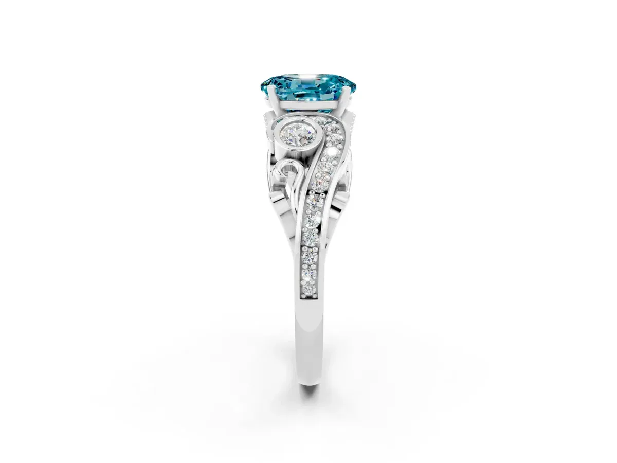Oval Cut Blue Topaz Solitaire Ring with Milgrain Pavé Band and Four-Prong Setting Silver