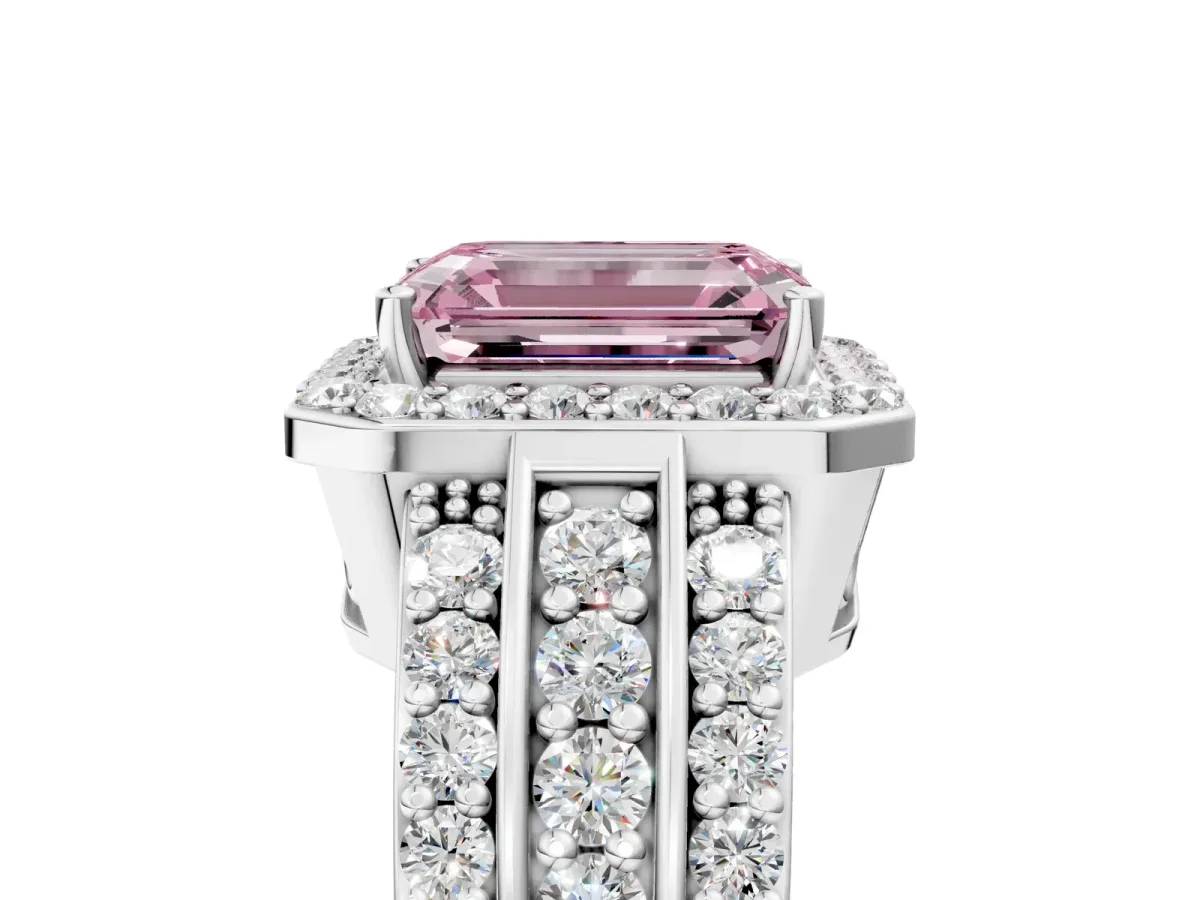 Fancy Pink Emerald Cut Halo Diamond Ring with Round Split Shank and Prong Setting Platinum