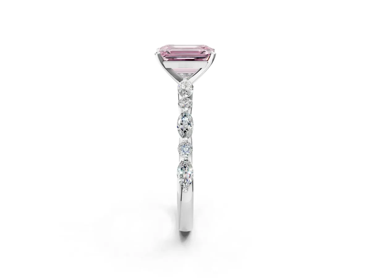 Fancy Pink Emerald Cut Diamond Ring with Marquise and Round Side Stones and Four-Prong Setting Silver