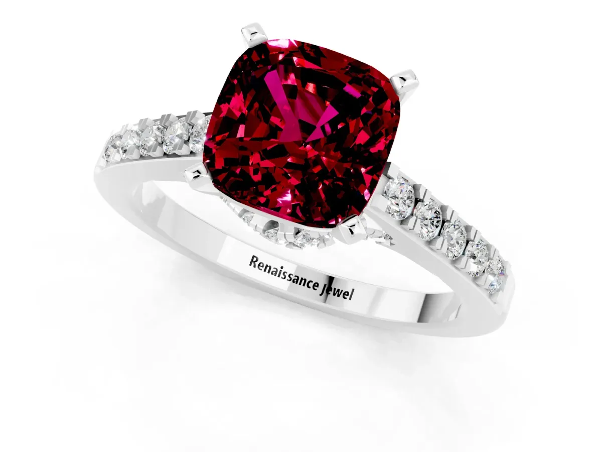 Cushion Cut Garnet Solitaire Ring with Crossover Gallery and Round Pavé Band Silver
