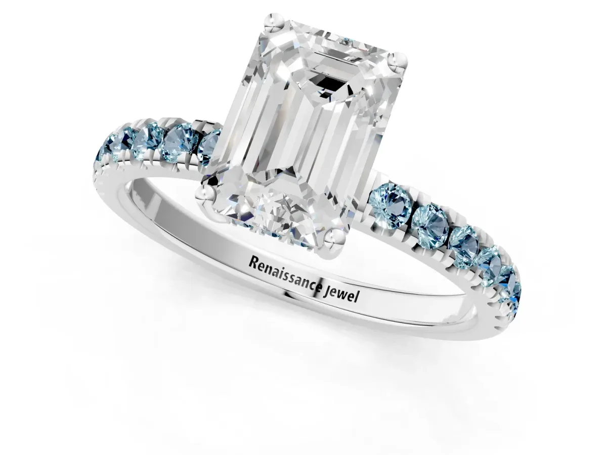 Emerald Cut Diamond Pave Band Solitaire Ring with Round Aquamarine and Prong Setting Silver