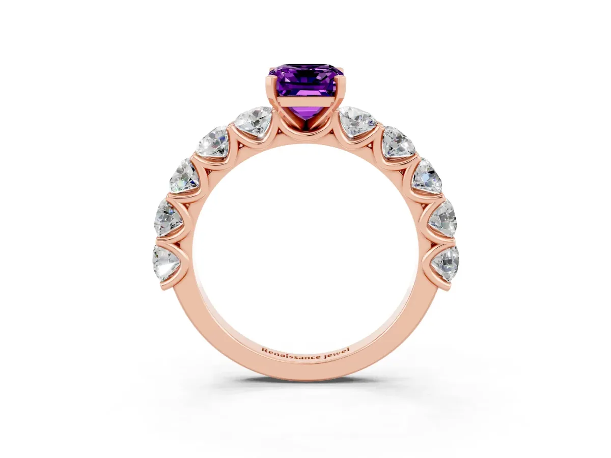 Emerald Cut Amethyst Prong Setting with Side Stones on a Pave Band Rose gold