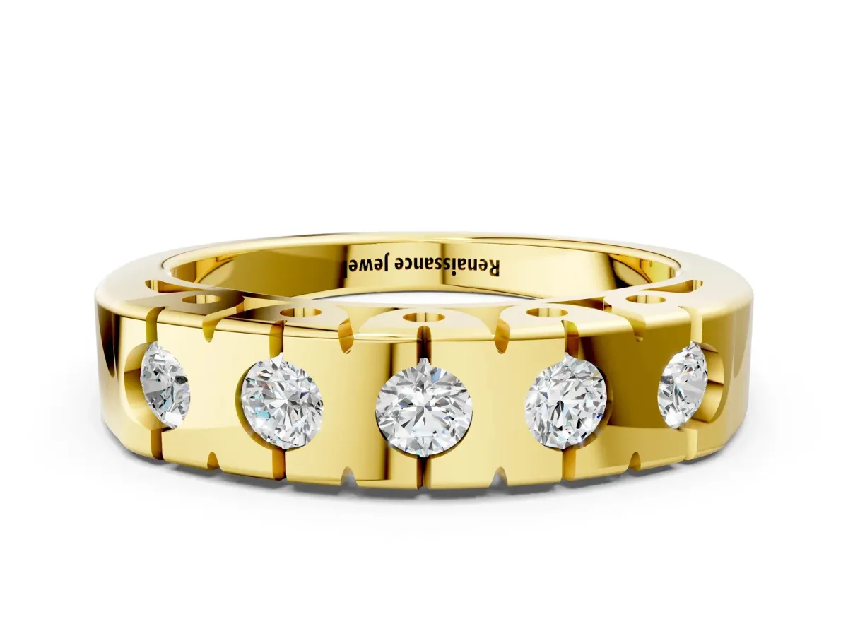 Channel Set Round Diamond Flat Band with Prong Setting Yellow gold