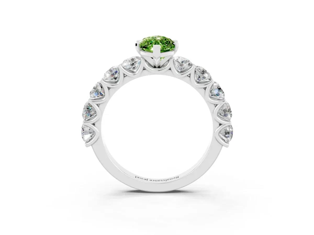 Marquise Cut Peridot Prong Setting with Side Stones on a Pave Band Silver