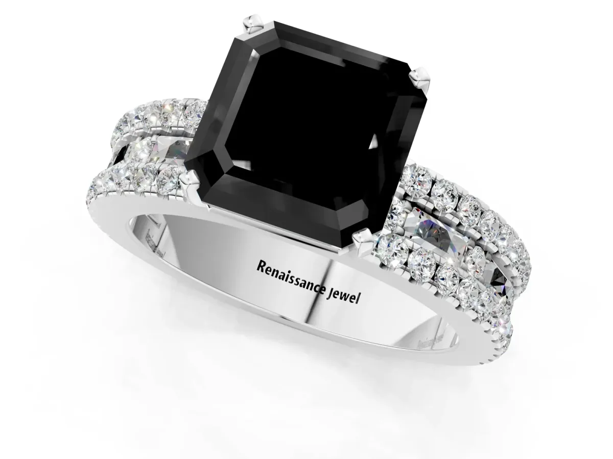 Fancy Black Asscher Cut Diamond Solitaire Ring with Pavé and Channel Set Band Platinum