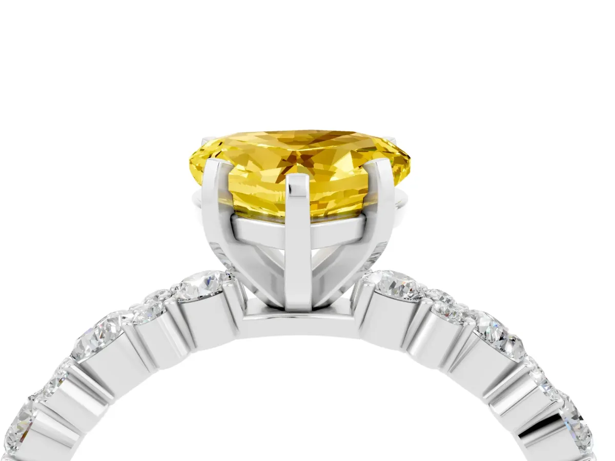 Heart Cut Yellow Sapphire Side Stone Solitaire Ring with Round and Four-Prong Setting Silver