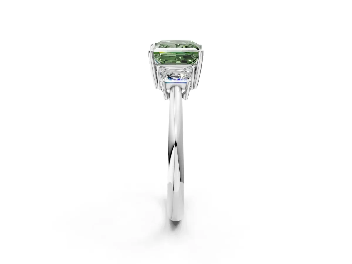 Fancy Green Princess Cut Diamond Three-Stone Ring with Trapezoid Side Stones and Prong Setting Silver