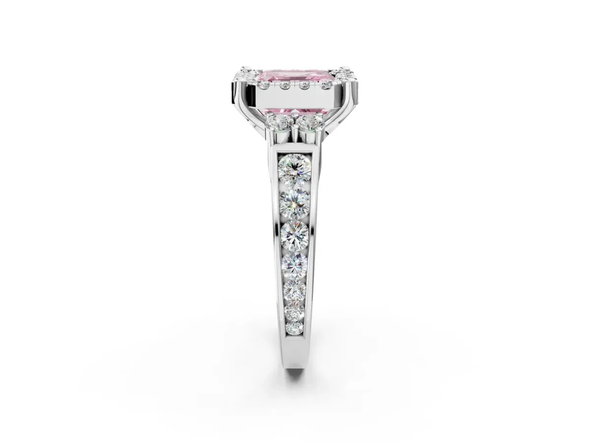 Fancy Pink Asscher Cut Halo Diamond Engagement Ring with Split Shank and Four-Prong Setting Platinum