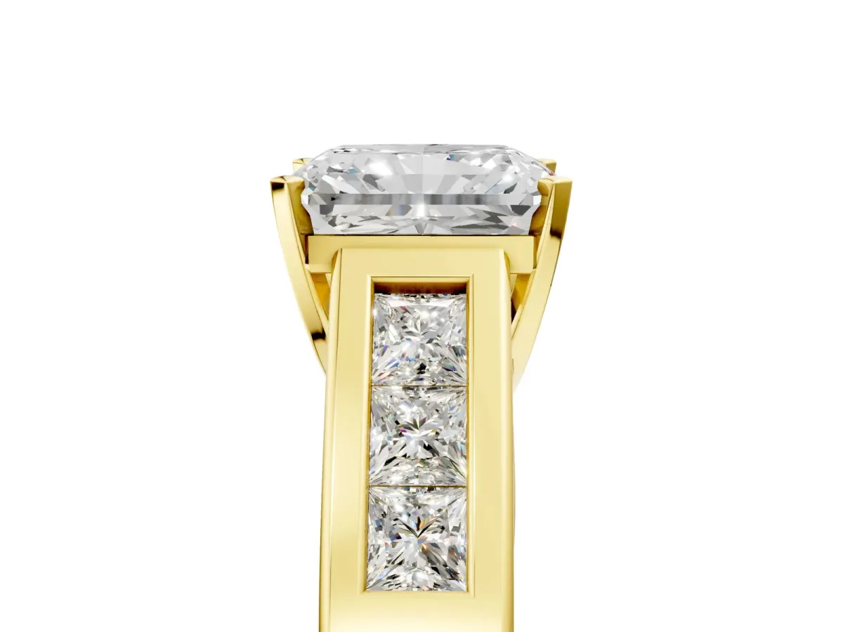 Radiant Cut Cut Channel Set Solitaire Ring with Four-Prong Setting Yellow gold