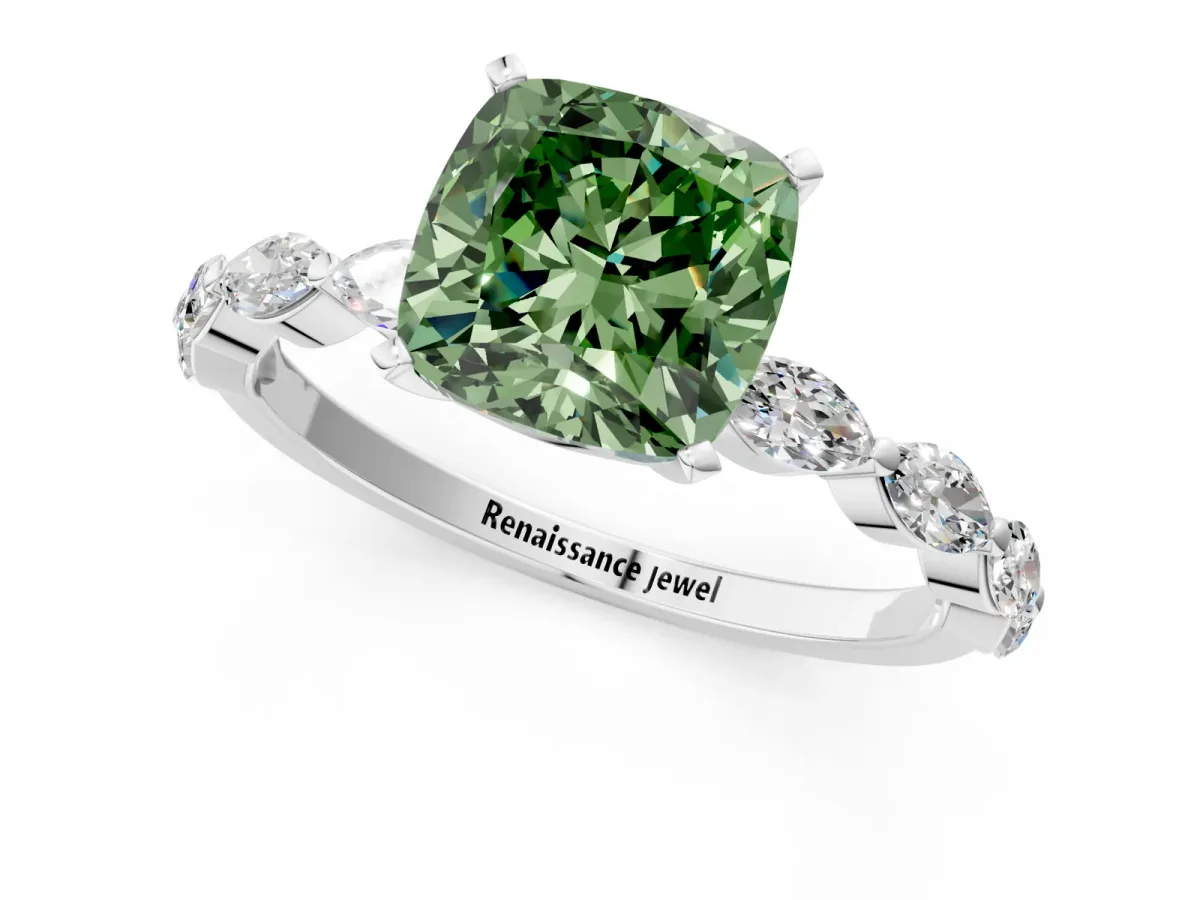 Fancy Green Cushion Cut Diamond Ring with Marquise Side Stones and Prong Setting Platinum