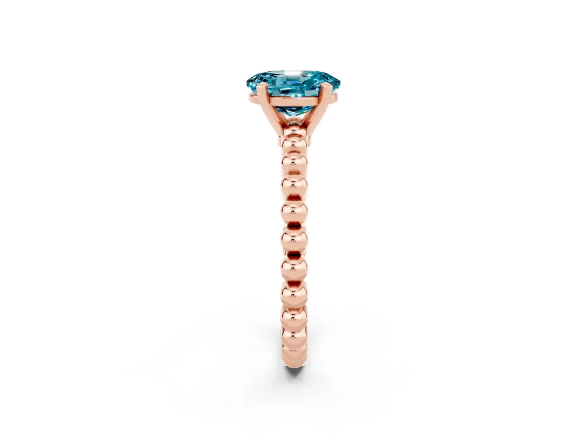 Oval Cut Blue Topaz Solitaire Ring with Beaded Band and Prong Setting Rose gold