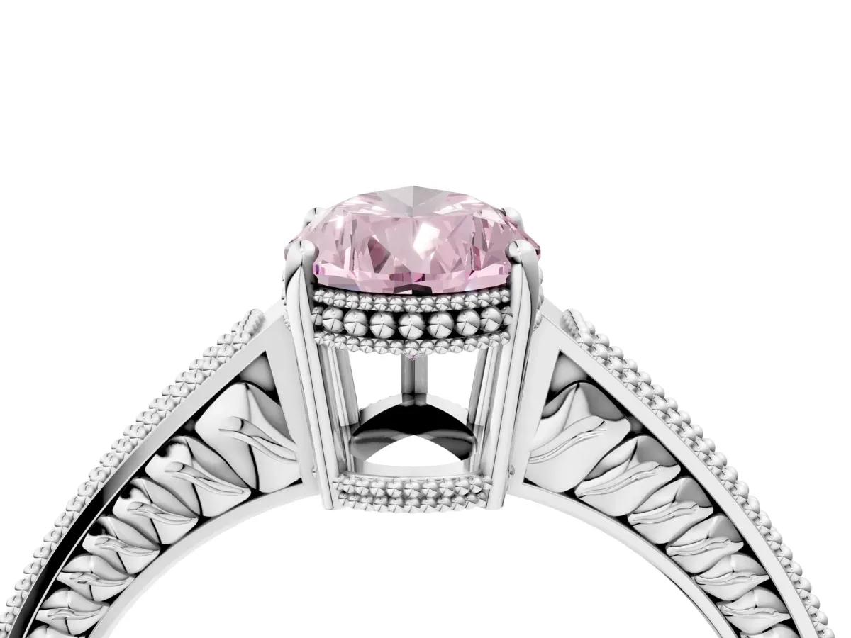 Fancy Pink Pear Cut Diamond Ring with Milgrain Pavé Band and Four-Prong Setting Platinum