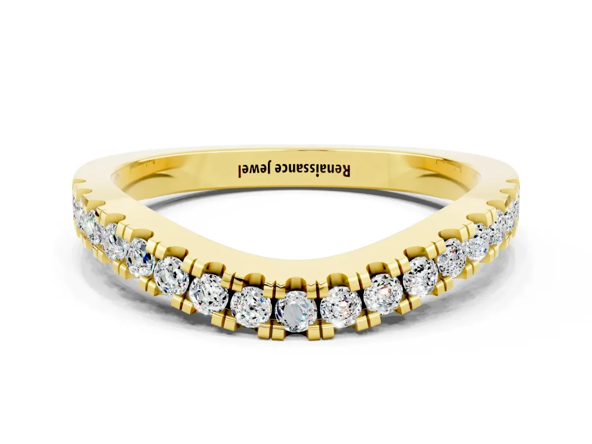 Round Moissanite Pavé Curved Band with Shared Prong Setting Yellow gold
