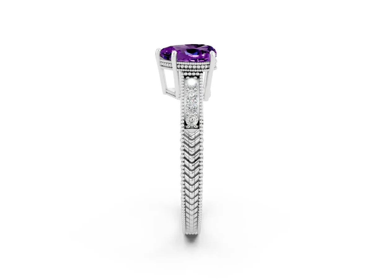 Heart Cut Amethyst Ring with Milgrain Pavé Band and Four-Prong Setting Platinum