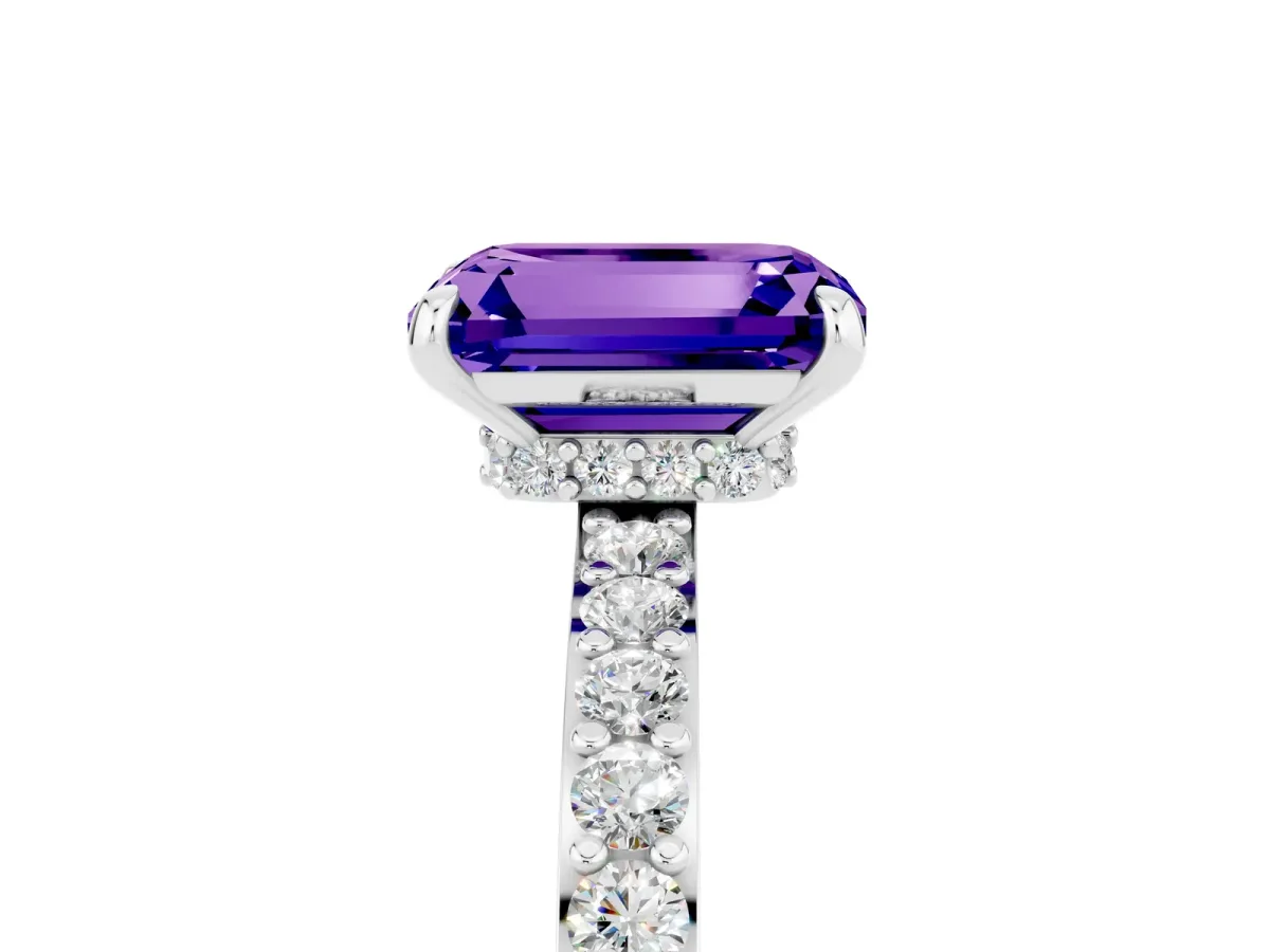 Emerald Cut Tanzanite Solitaire Engagement Ring with Pavé Band and Four-Prong Setting Silver