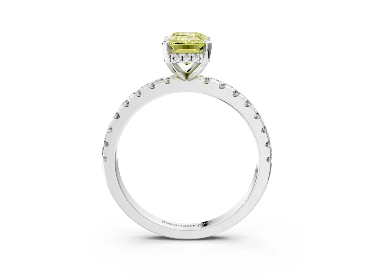 Fancy Yellow Emerald Cut Diamond Solitaire Ring with Round Pavé Band and Four-Prong Setting Platinum