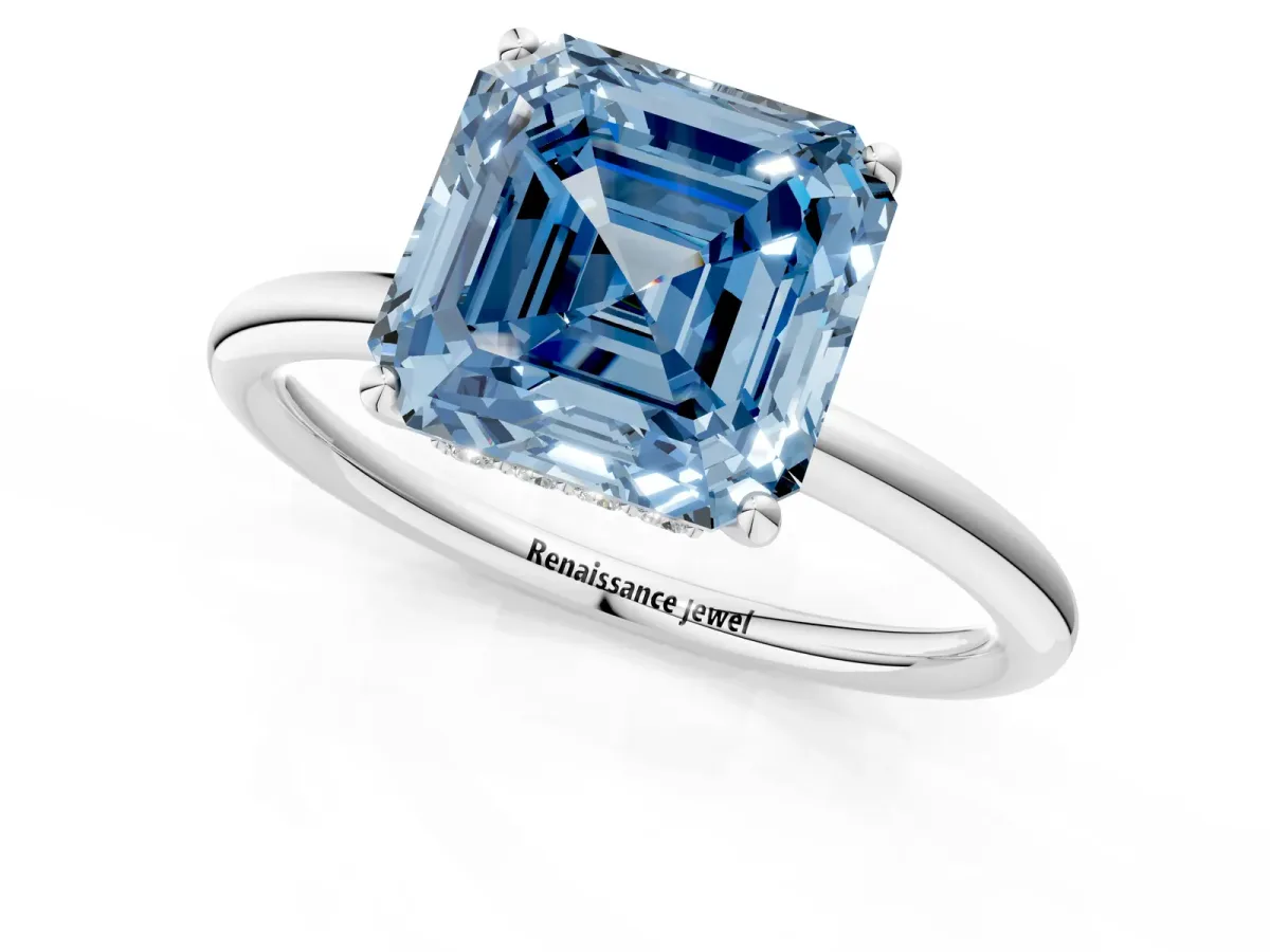 Fancy Blue Asscher Cut Solitaire Diamond Ring with a Classic Band and Four-Prong Setting Platinum