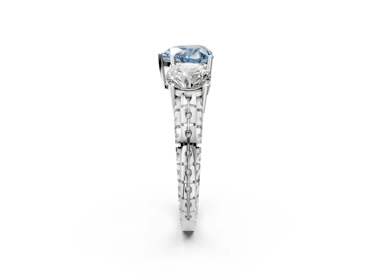 Fancy Blue Three-Stone Heart Cut Cut Diamond Ring with Channel-Set Band and Prong Setting Platinum