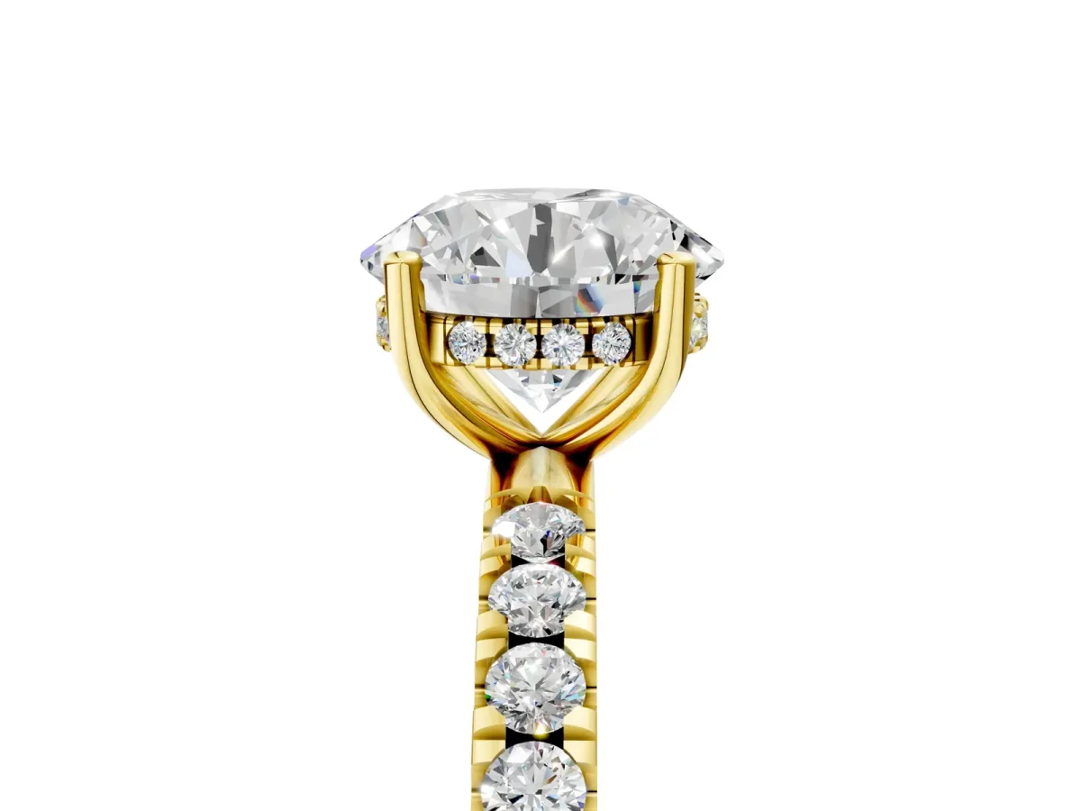 Round Cut Diamond Pave Band Solitaire Ring with Round and Prong Setting Yellow gold