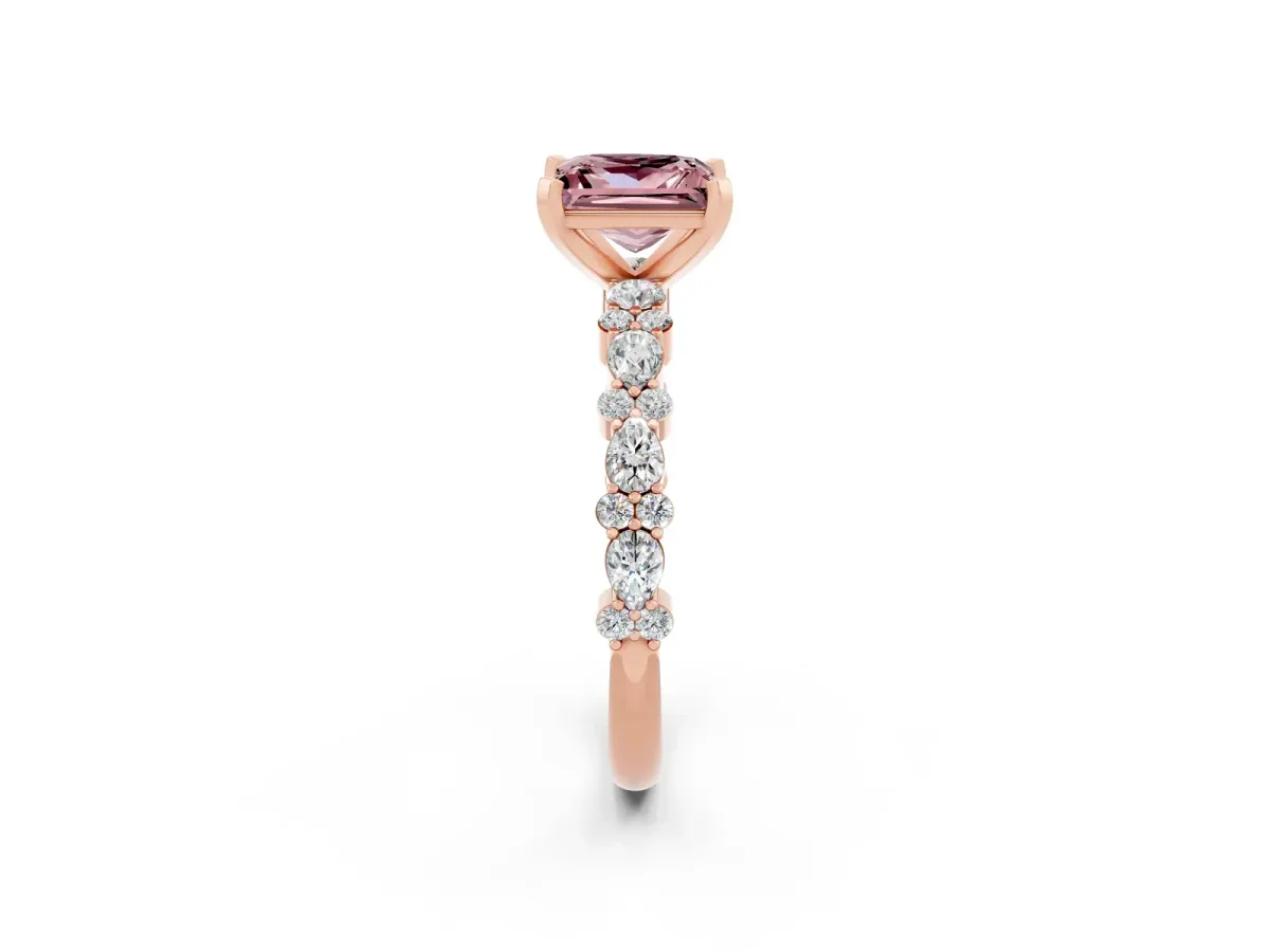 Princess Cut Morganite Side Stone Solitaire Ring with Round and Four-Prong Setting Rose gold