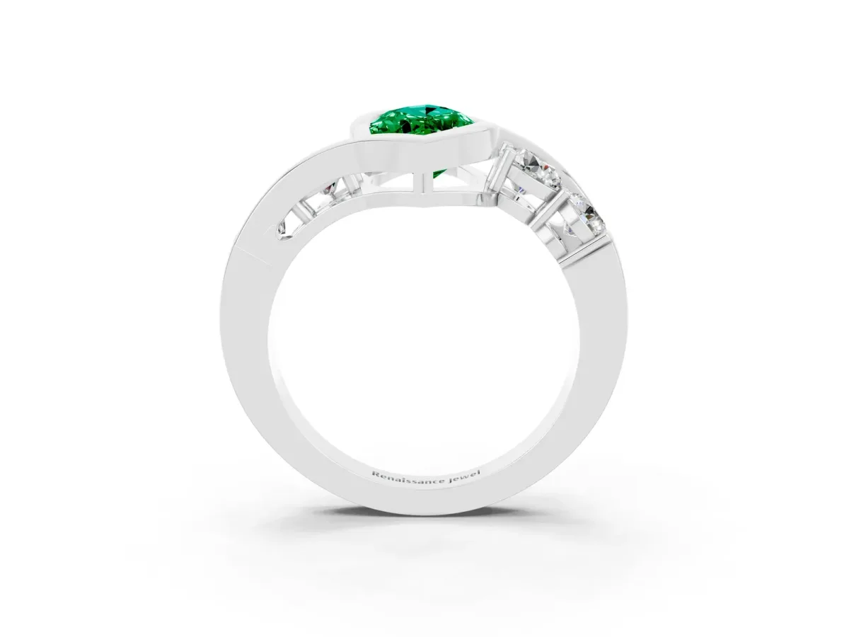 Bezel Set Marquise Cut Emerald Bypass Ring with Round Accents Platinum