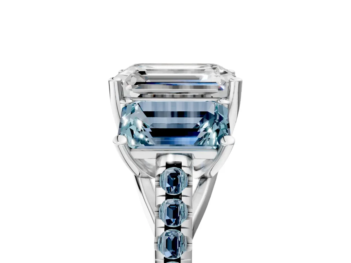 Three-Stone Emerald Cut Diamond Ring with Round Aquamarine Pavé Band and Prong Setting Silver