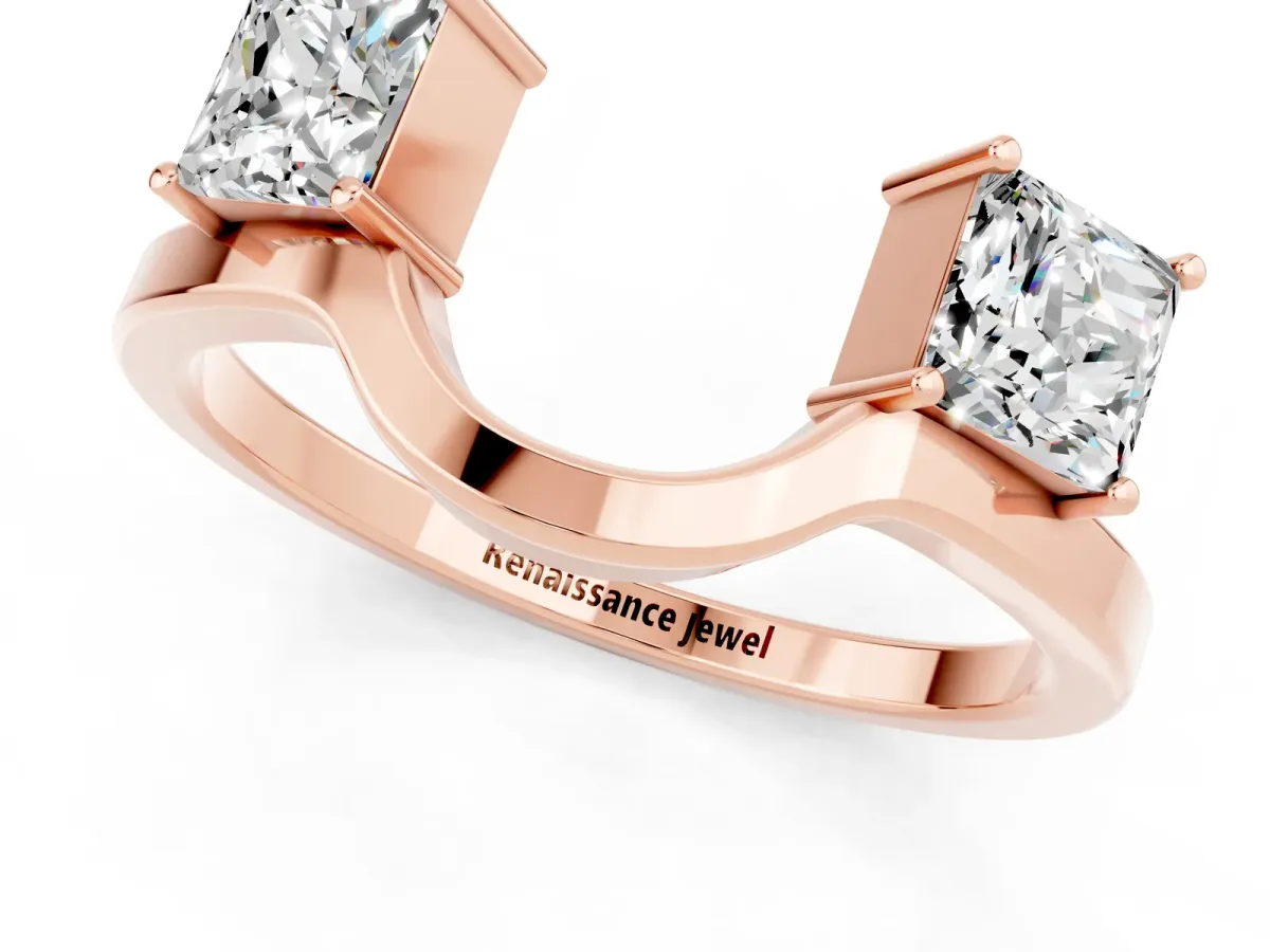 Princess Cut Moissanite Two-Stone Open Band Ring with Four-Prong Setting Rose gold
