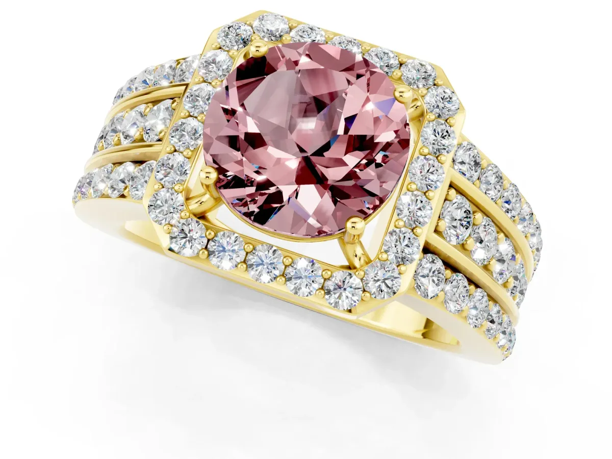 Round Cut Halo Morganite Ring with Round Split Shank and Prong Setting Yellow gold