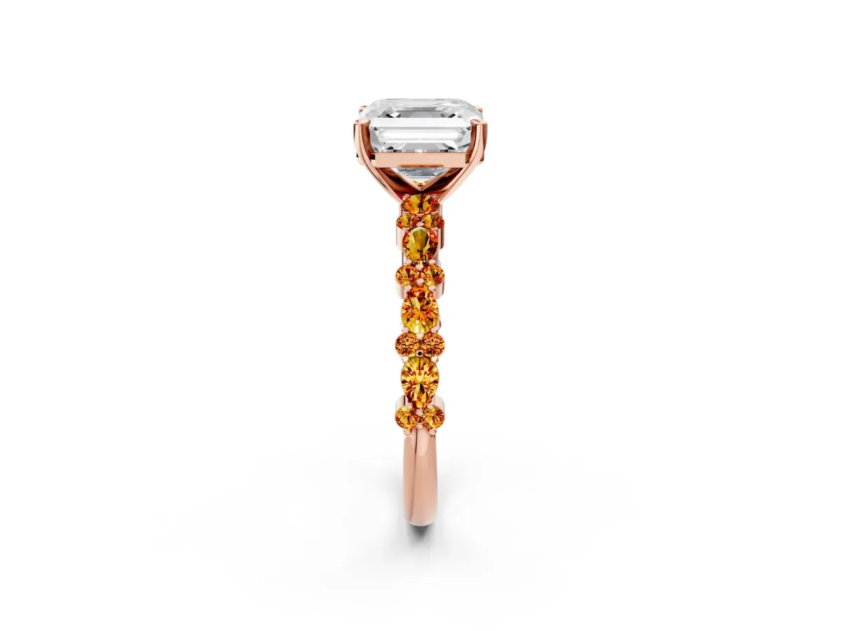 Asscher Cut Diamond Side Stone Solitaire Ring with Round Citrine and Four-Prong Setting Rose gold