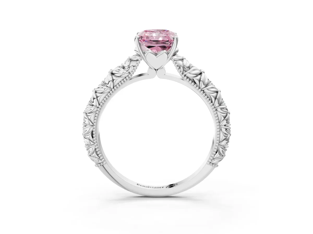 Fancy Pink Radiant Cut Solitaire Floral Milgrain Engagement Ring Platinum